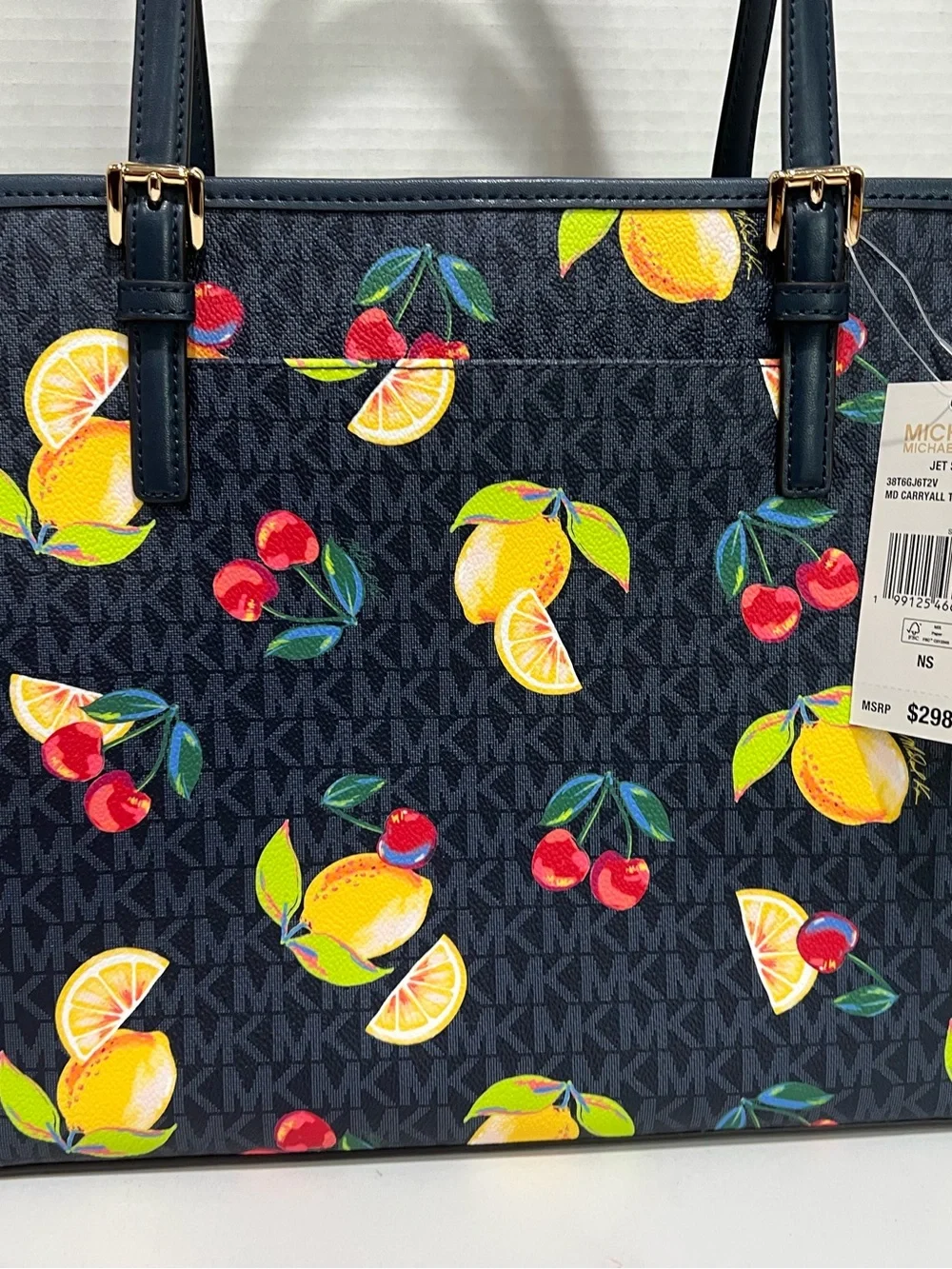 Michael Kors Jet Set Tote Bag Lemon and Cherry Print Navy NWT
